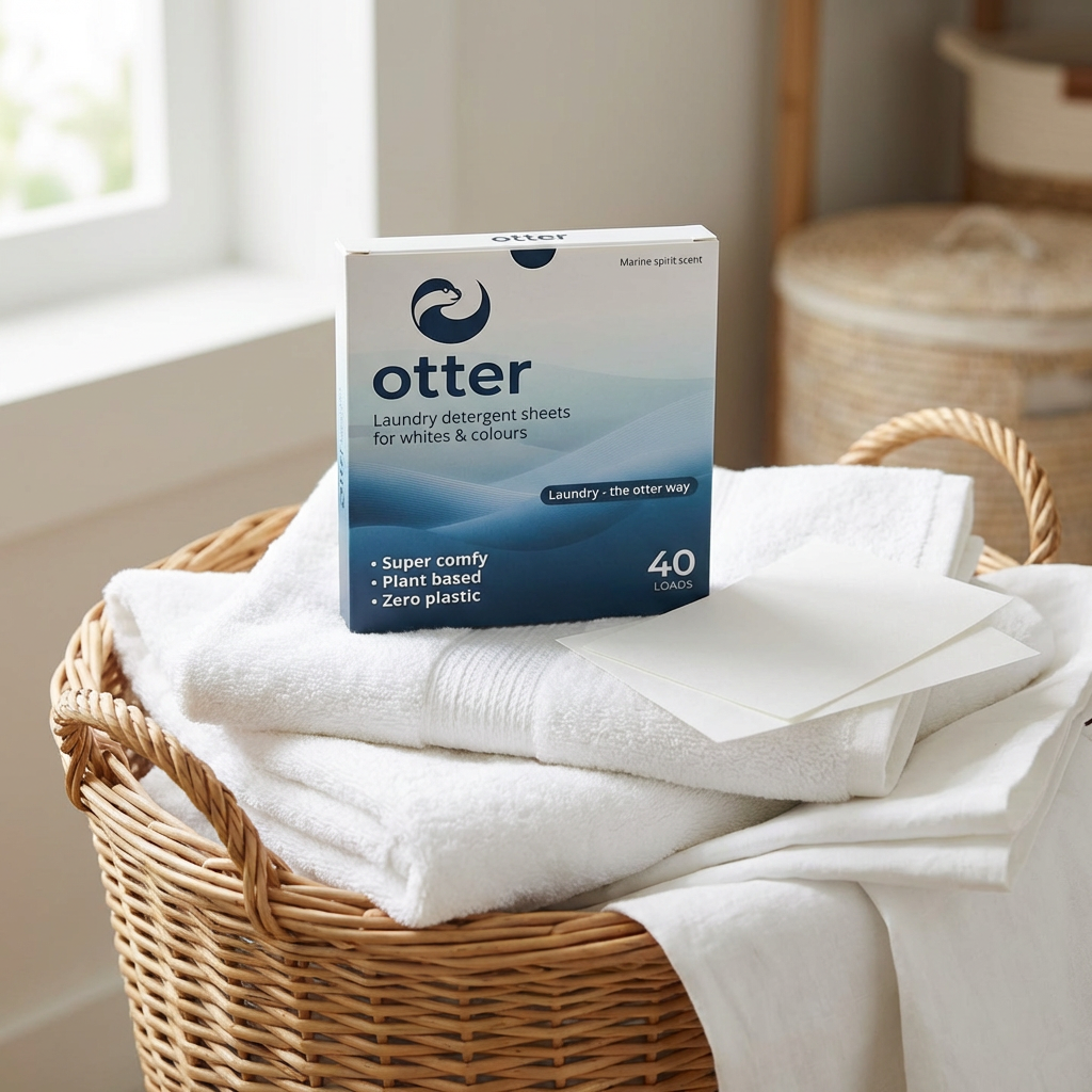 Box of otter laundry detergent sheets on folded white towels in a wicker basket.